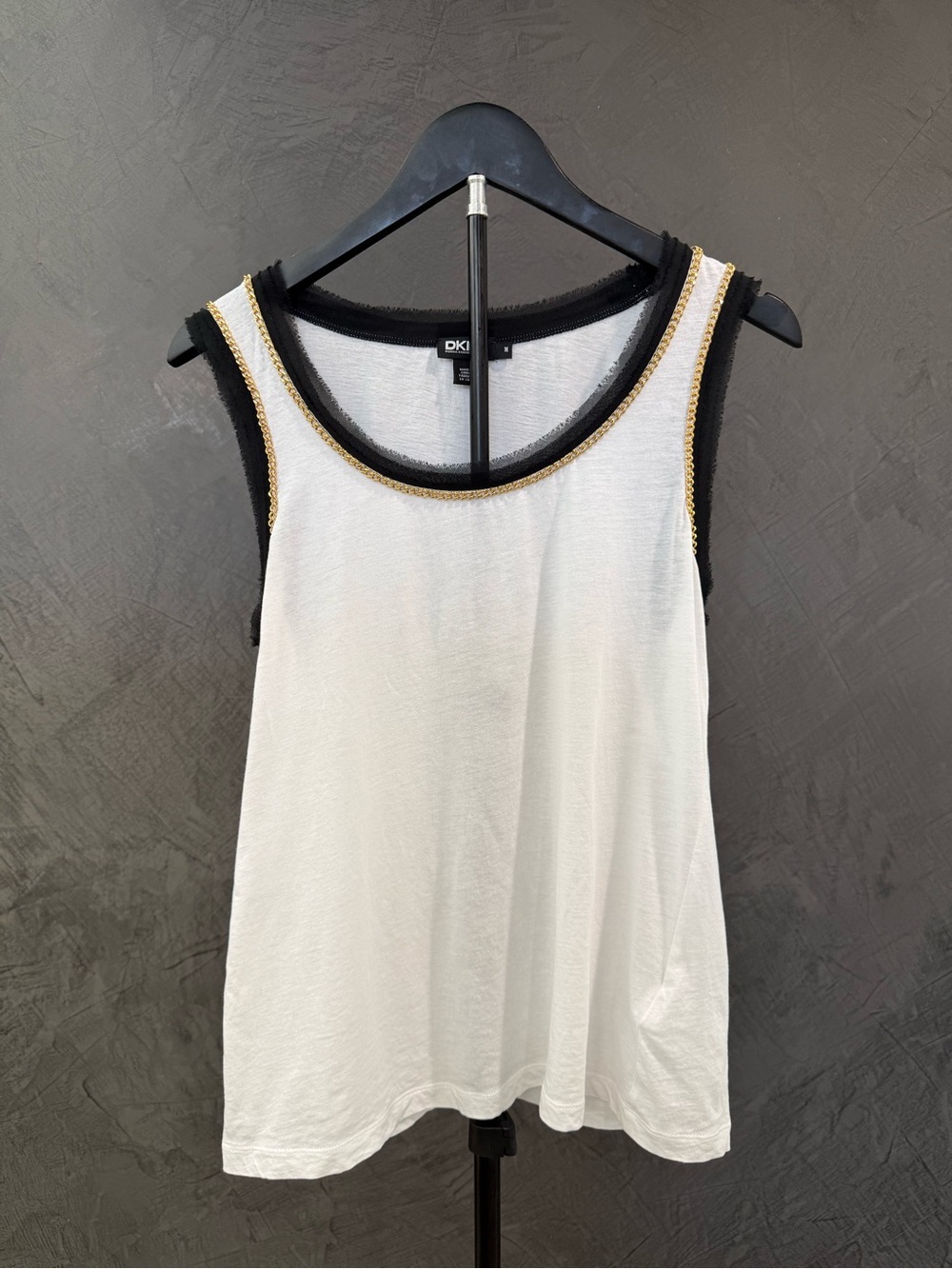 DKNY White Tank with Black Trim and Gold Chain Detail